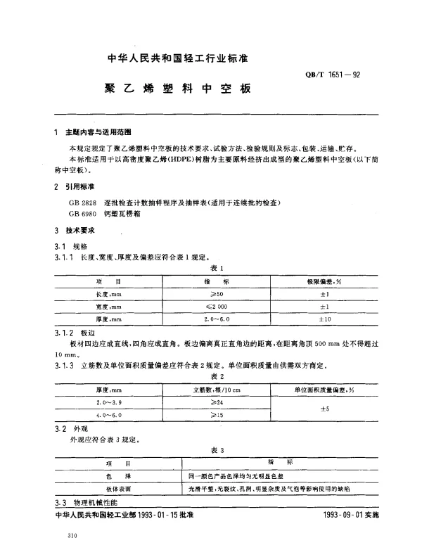 QBT 1651-1992 聚乙烯塑料中空板