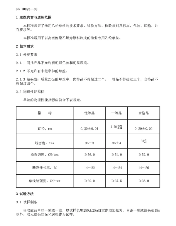 GB 10023-1988 渔用乙纶单丝