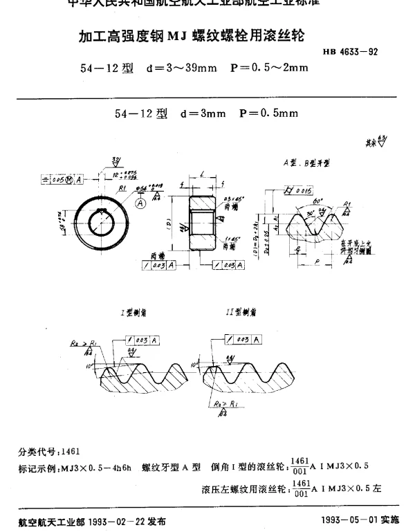 HB 4633-1992 加工高强度钢MJ螺纹螺栓用滚丝轮.54-12型.d=3~39mm.P=0.5~2mm