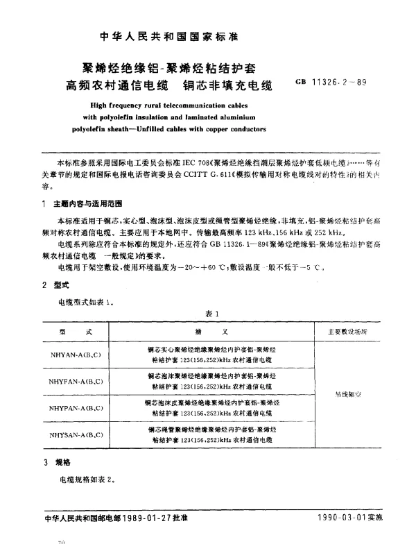 GB 11326.2-1989 聚烯烃绝缘铝-聚烯烃粘结护套高频农村通信电缆 铜芯非填充电缆