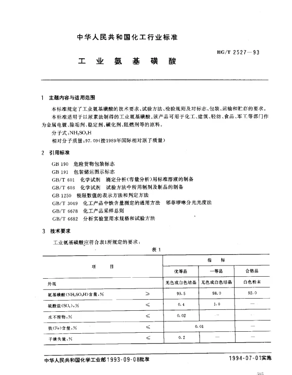 HGT 2527-1993 工业氨基磺酸