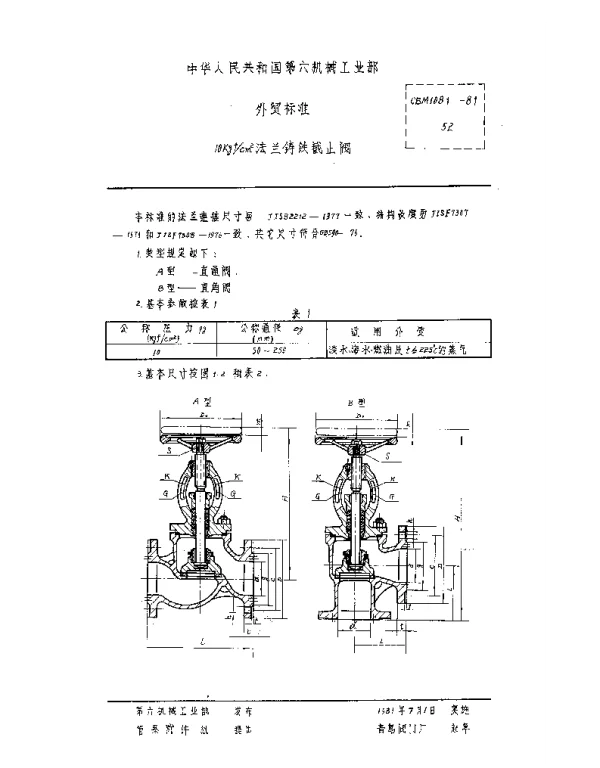 CBM 1081-1981 10kgfcm2法兰铸铁截止阀
