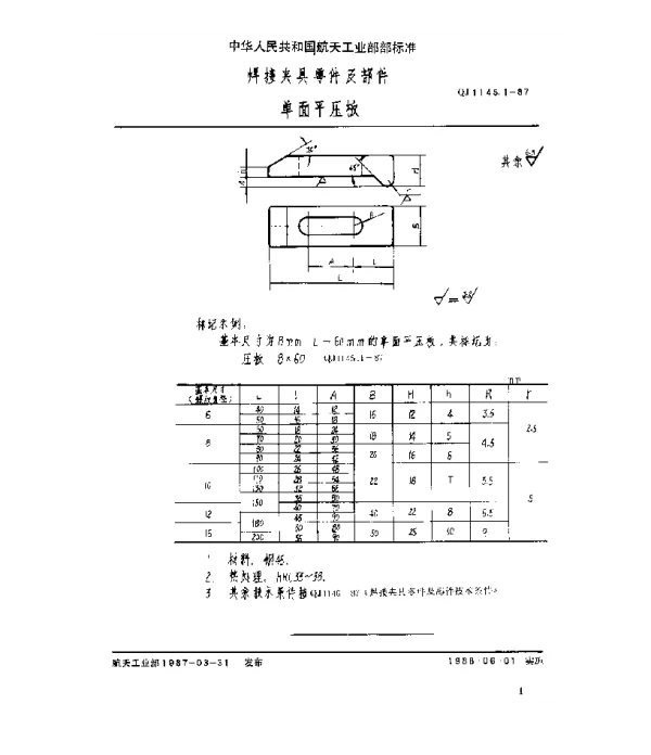 QJ 1145.1-1987 焊接夹具零件及部件 单面平压板