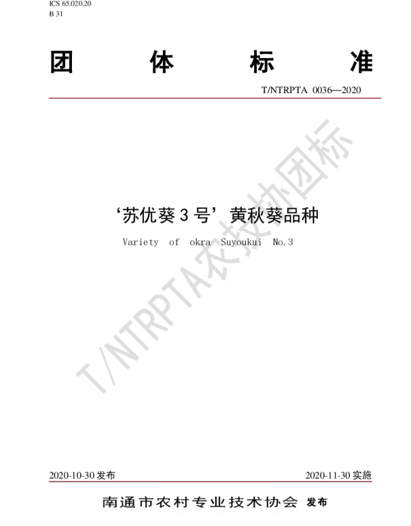TNTRPTA 0036-2020 ‘苏优葵3号’黄秋葵品种