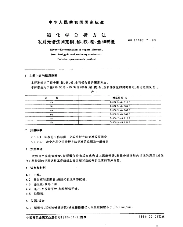 GB 11067.7-1989 银化学分析方法 发射光谱法测定铜、铋、铁、铅、金和锑量