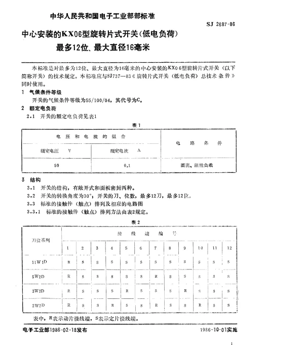 SJ 2687-1986 中心安装的KX06型旋转片式开关（低电负荷）最多12位、最大直径16毫米