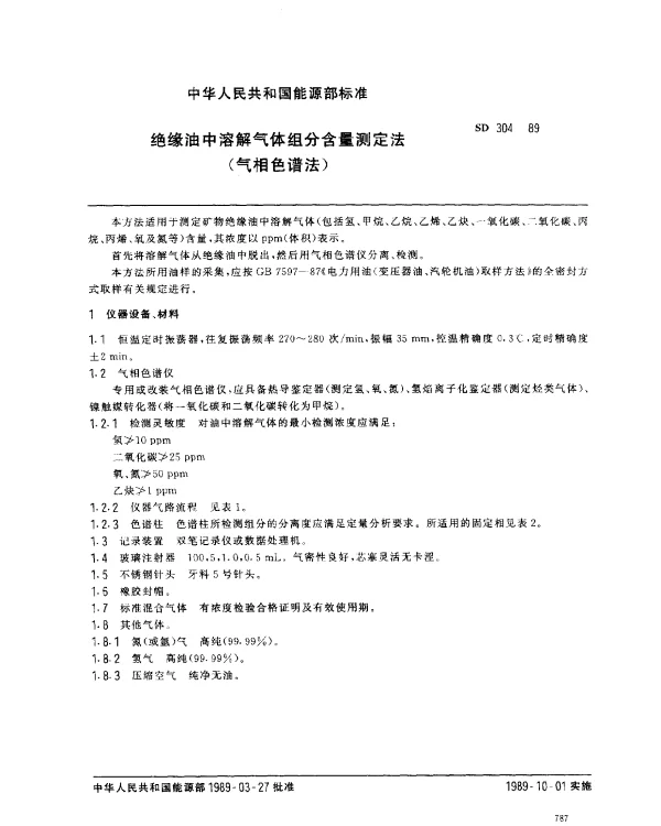 SD 304-1989 绝缘油中溶解气体组分含量测定法（气相色谱法）