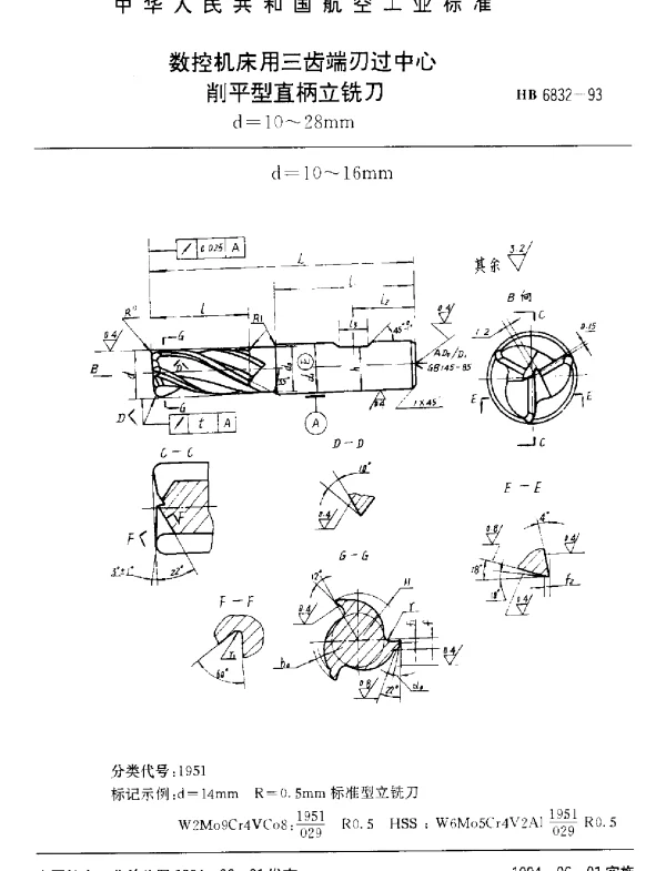 HB 6832-1993 数控机床用三齿端刃过中心削平型直柄立铣刀.d=10~28mm