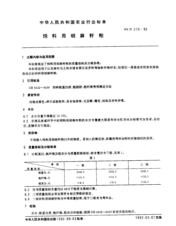 NYT 215-1992 饲料用胡麻籽粕