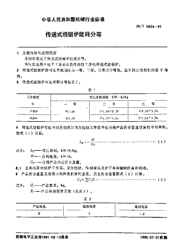 JBT 5634-1991 传送式烧银炉 能耗分等