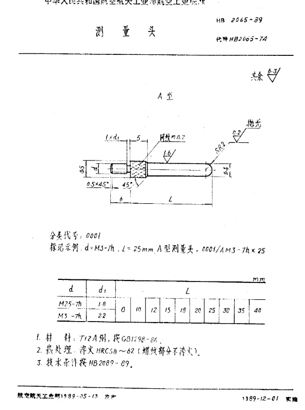 HB 2065-1989 测量头