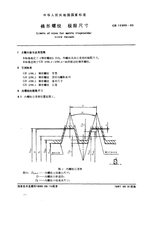 GB 12359-1990 梯形螺纹 极限尺寸