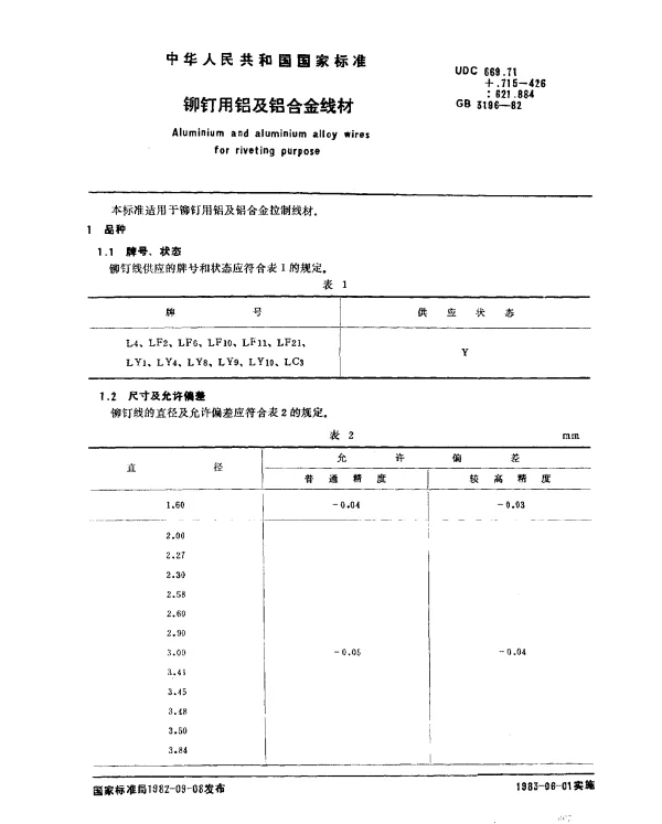 GB 3196-1982 铆钉用铝及铝合金线材