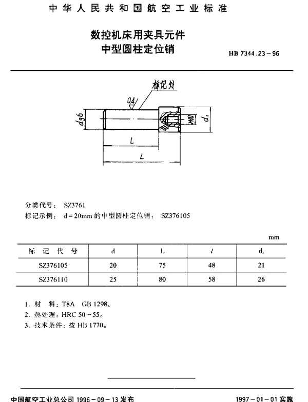 HB 7344.23-1996 数控机床用夹具元件.中型圆柱定位销