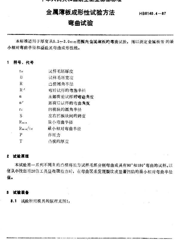 HB 6140.4-1987 金属薄板成形性试验方法.弯曲试验
