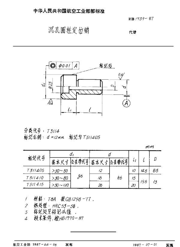HB 1739-1987 沉孔圆柱定位销