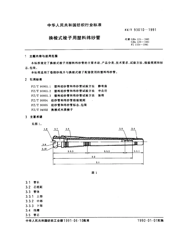 FZT 93010-1991 换梭式梭子用塑料纬纱管
