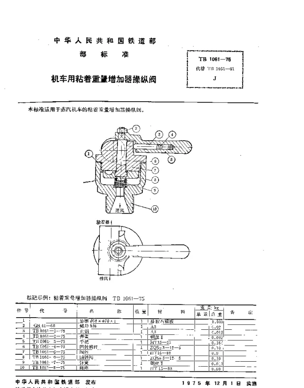 TB 1061-1975 机车用粘着重量增加器操纵阀