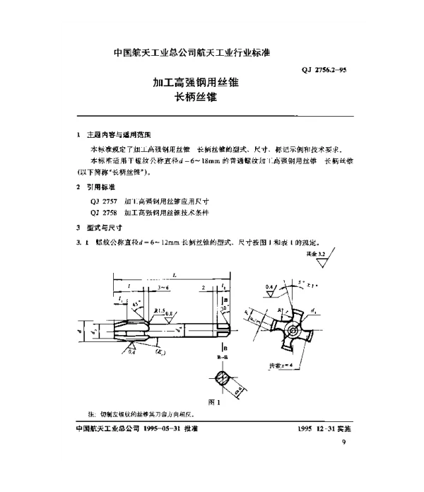 QJ 2756.2-1995 加工高强钢用丝锥 长柄丝锥