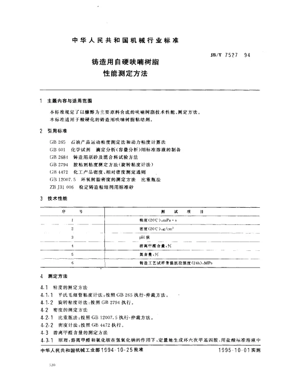 JBT 7527-1994 铸造用自硬呋喃树脂 性能测定方法
