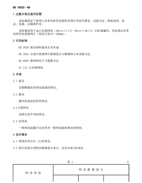 GB 10025-1988 渔用乙纶单线单死结型机织网片