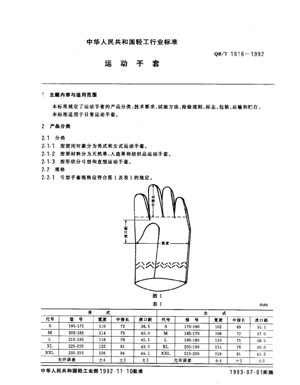 QBT 1616-1992 运动手套