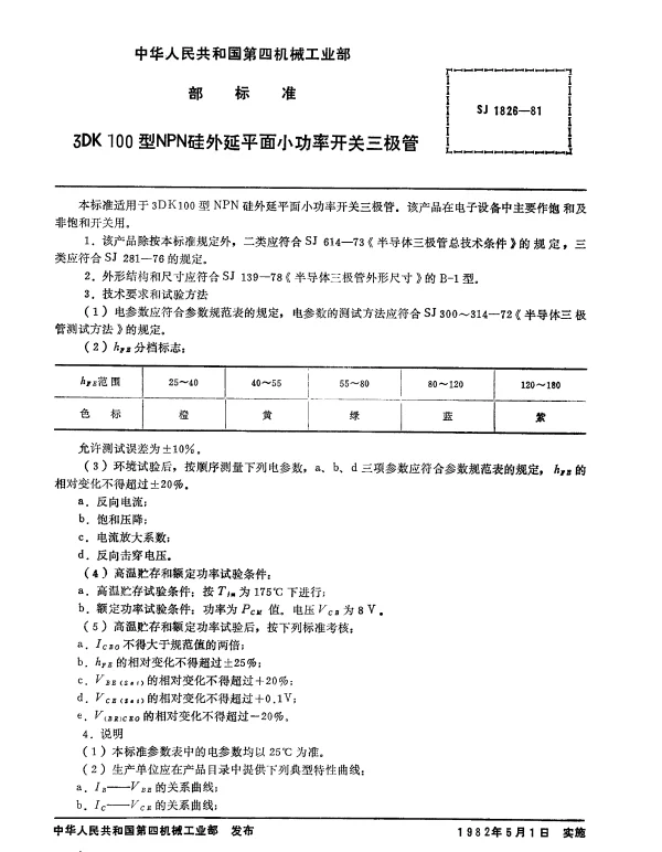 SJ 1826-1981 3DK100型NPN硅外延平面小功率开关三极管