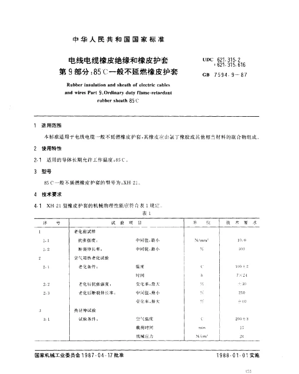 GB 7594.9-1987 电线电缆橡皮绝缘和橡皮护套 第9部分：85℃一般不延燃橡皮护套
