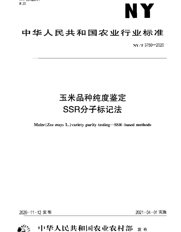 NYT 3750-2020 玉米品种纯度鉴定SSR分子标记法