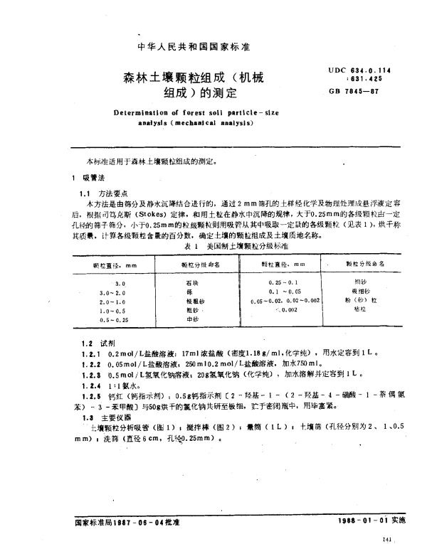 GB 7845-1987 森林土壤颗粒组成（机械组成）的测定