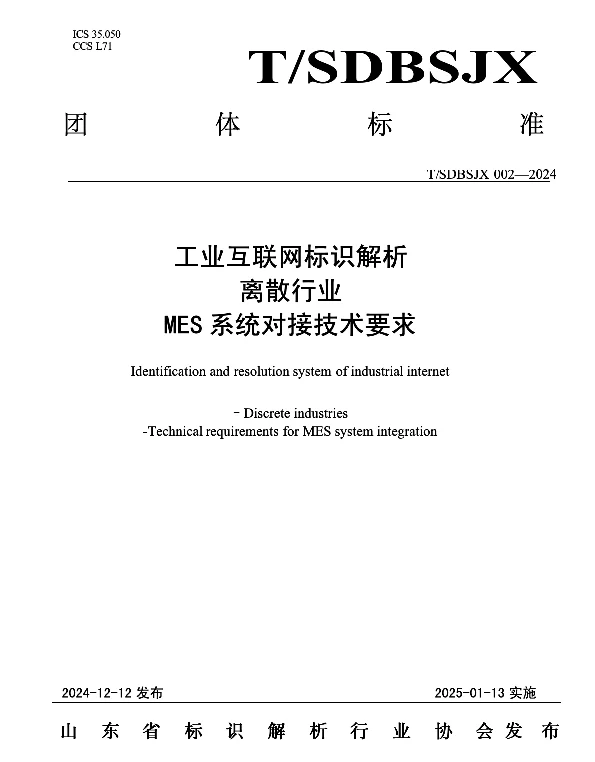 TSDBSJX 002-2024 工业互联网标识解析离散行业MES系统对接技术要求