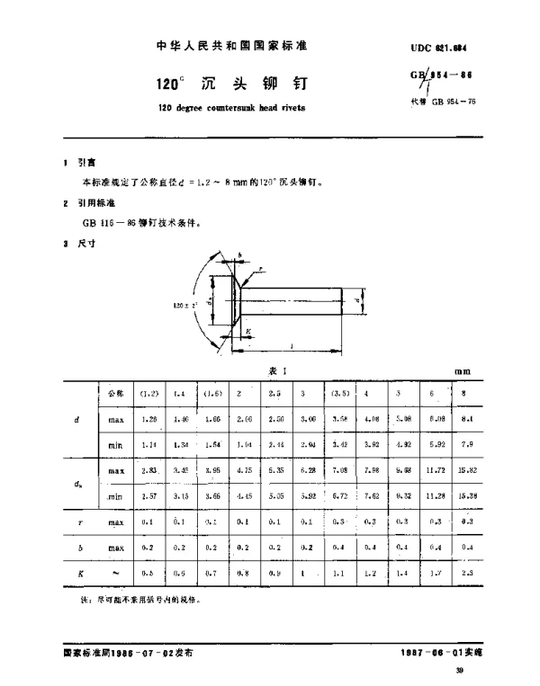 GBT 954-1986 120°沉头铆钉