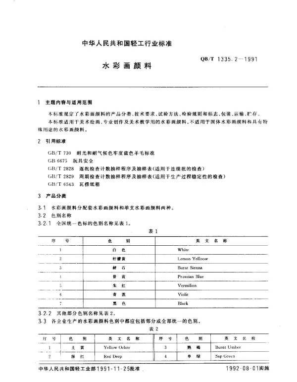 QBT 1335.2-1991 水彩画颜料