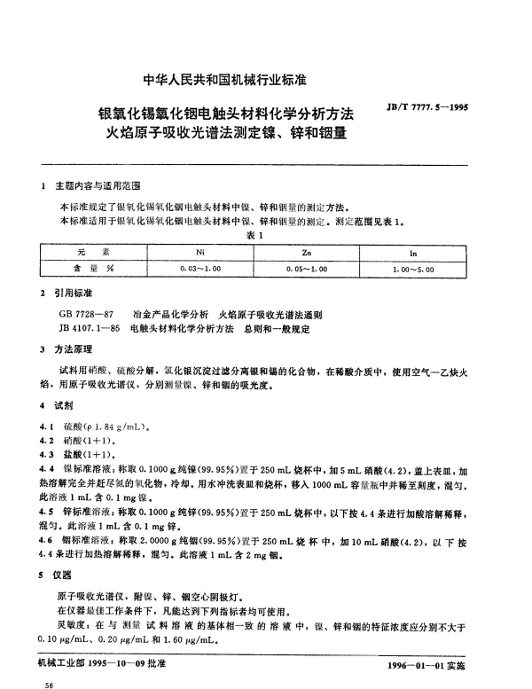 JBT 7777.5-1995 银氧化锡氧化铟电触头材料化学分析方法 火焰原子吸收光谱法测定镍、锌和铟量