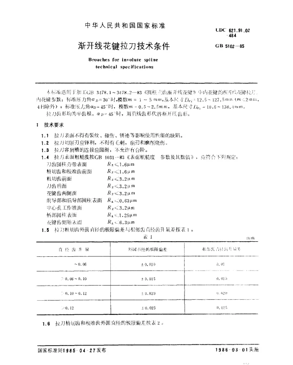 GB 5102-1985 渐开线花键拉刀技术条件