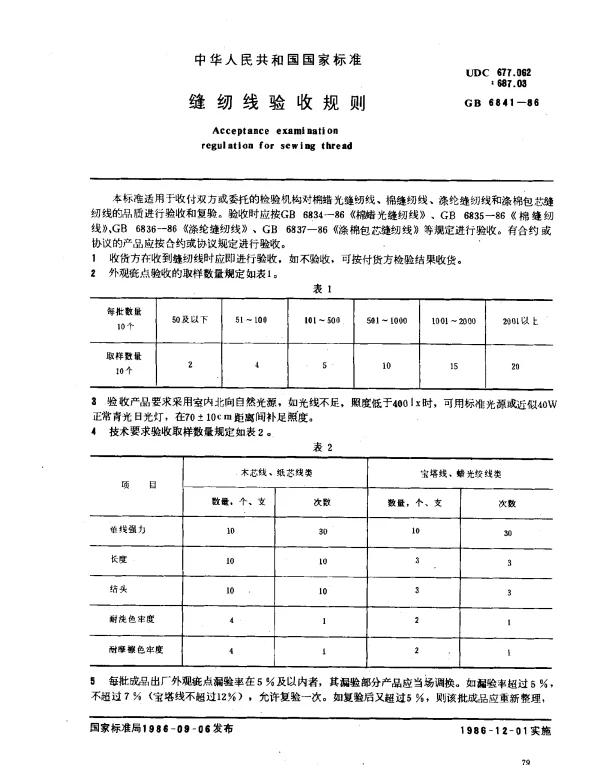 GB 6841-1986 缝纫线验收规则