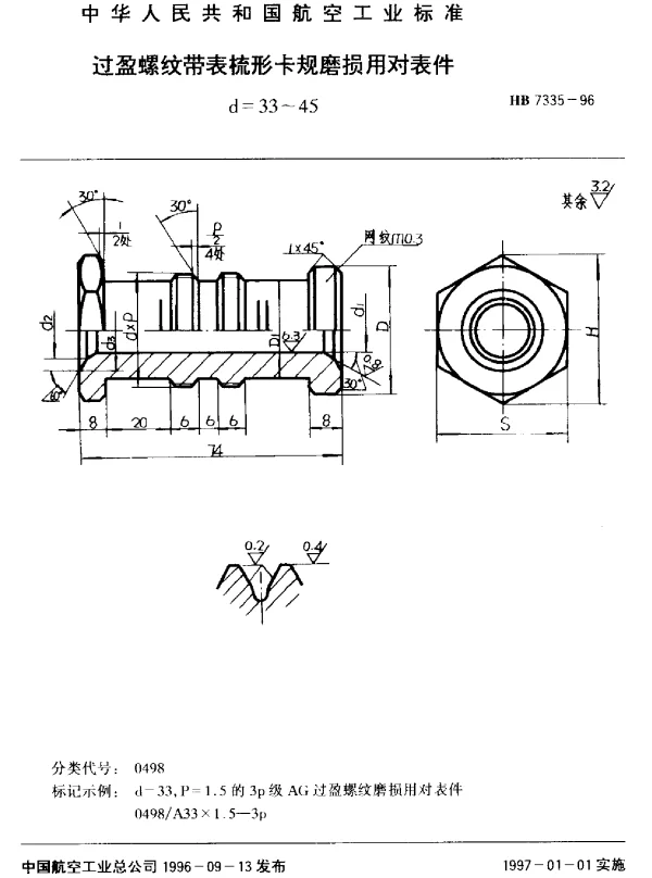 HB 7335-1996 过盈螺纹带表梳形卡规磨损用对表件.d=33~45