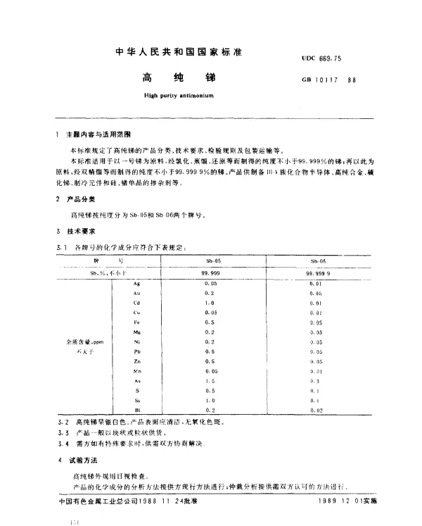 GB 10117-1988 高纯锑