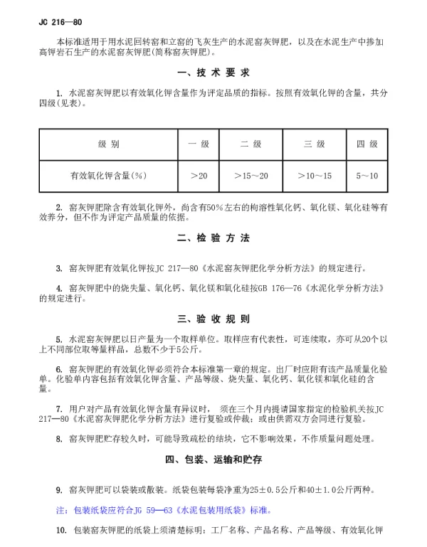 JC 216-1980 水泥窑灰钾肥