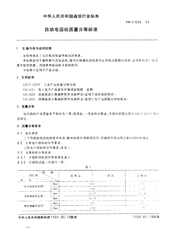 YDT 686-1994 自动电话机质量分等标准