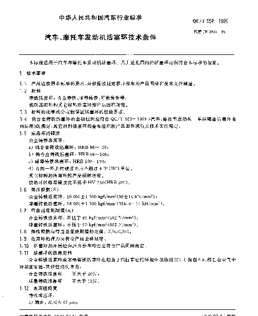 QCT 554-1999 汽车、摩托车发动机 活塞环技术条件