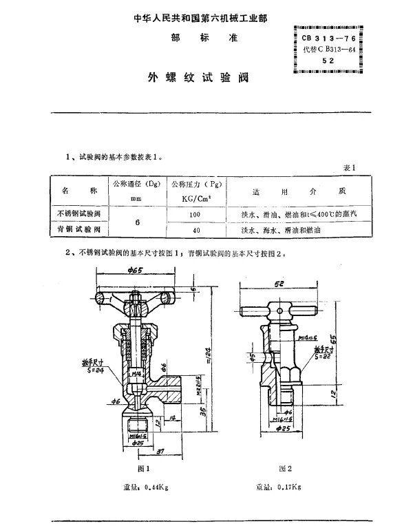CB 313-1976 外螺纹试验阀