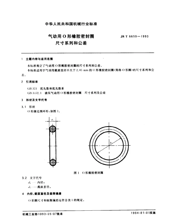 JBT 6659-1993 气动用O形橡胶密封圈.尺寸系列和公差