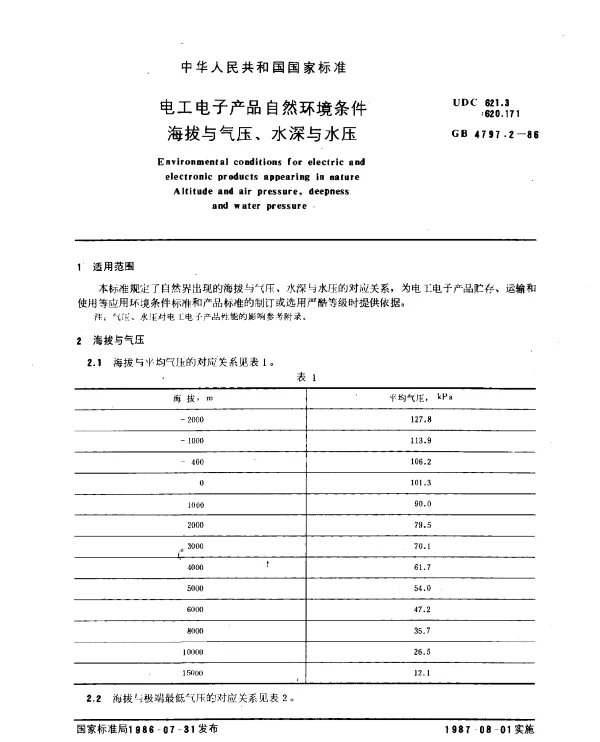 GB 4797.2-1986 电工电子产品自然环境条件海拔与气压、水深与水压