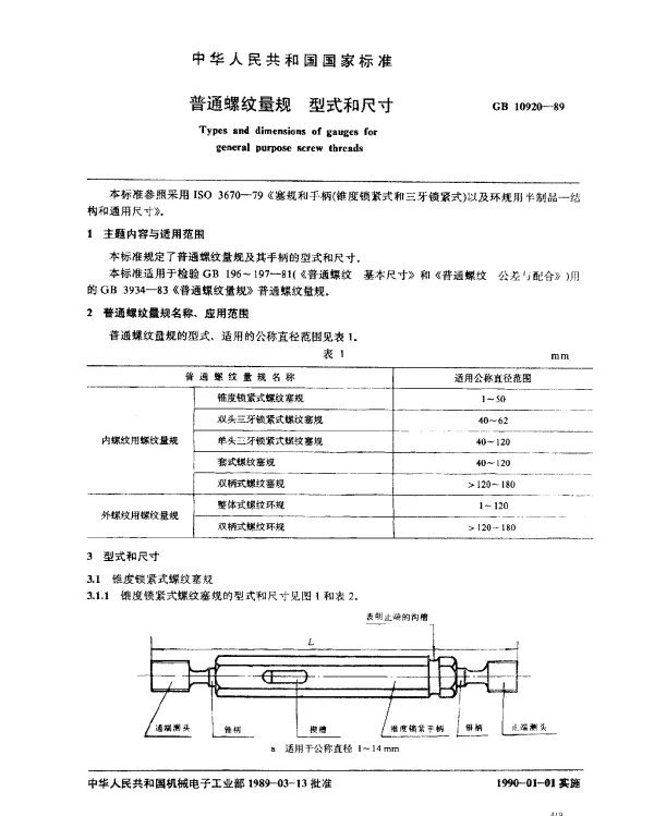 GB 10920-1989 普通螺纹量规 型式和尺寸