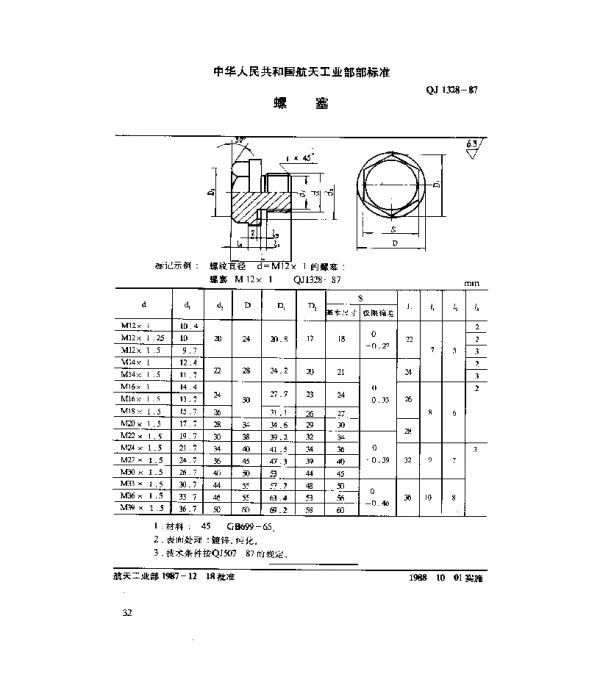 QJ 1328-1987 通用零件 螺塞