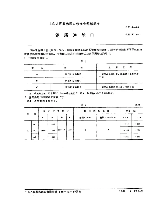 SC 4-1986 钢质渔舱口