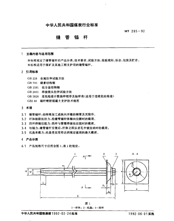 MT 285-1992 缝管锚杆