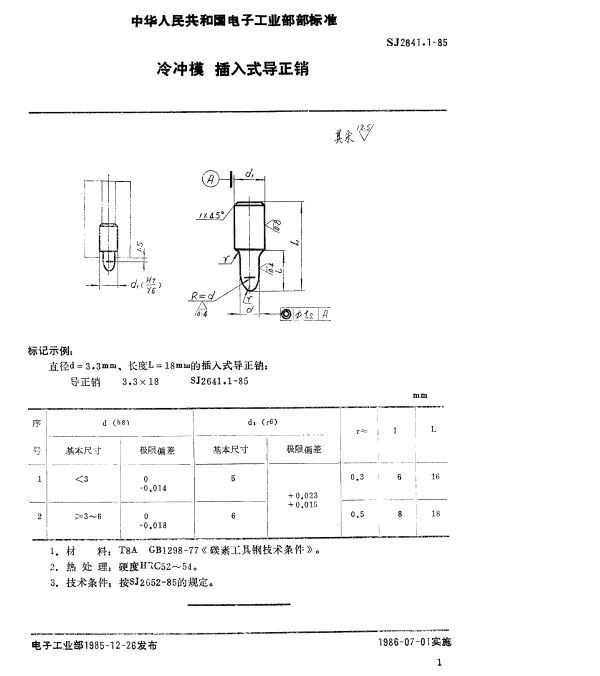 SJ 2641.1-1985 冷冲模.插入式导正销