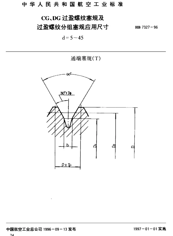 HB 7327-1996 CG、DG过盈螺纹塞规及过盈螺纹分组塞规应用尺寸.d=5~45